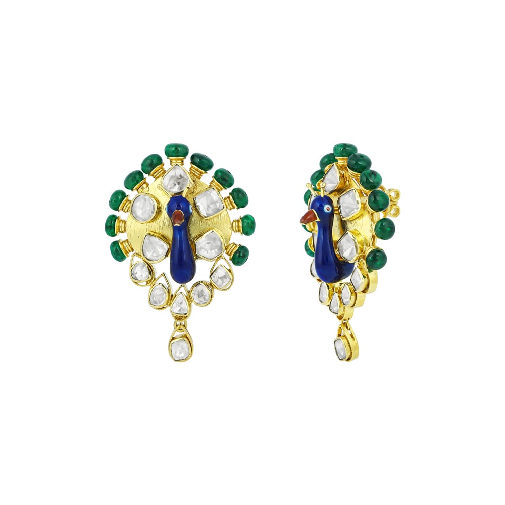 Peacock Polki Earrings with Blue Enamel and Emerald Beads